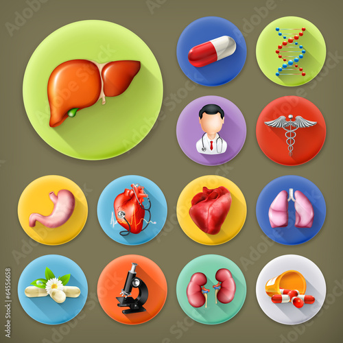 Medicine and Health, long shadow icon set