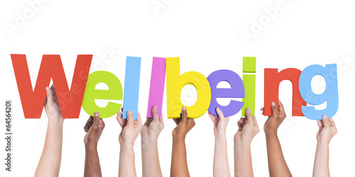 Diverse Hands Holding The Word Wellbeing photo