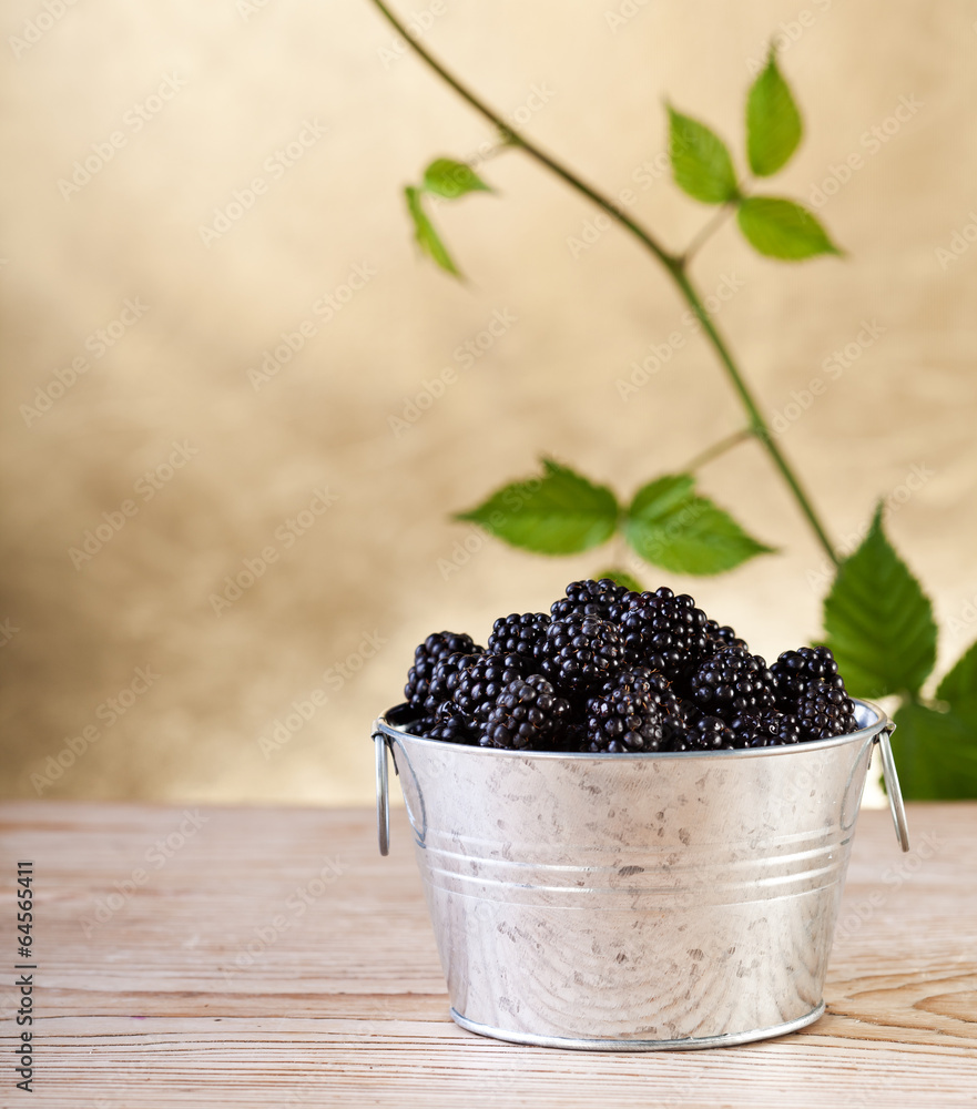Blackberries with leaves on golden background Blackberries with leaves on golden background