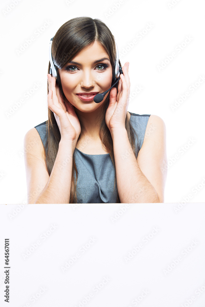 Smiling business woman with big blank board Smiling business woman with big blank board