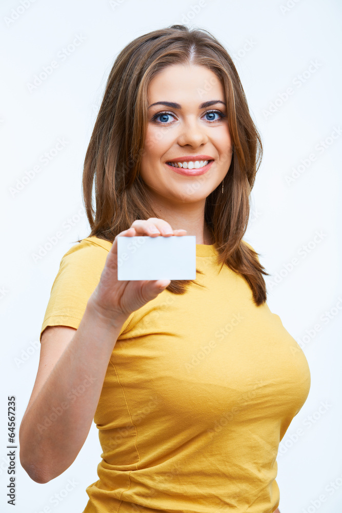 woman holding blanc card woman holding blanc card