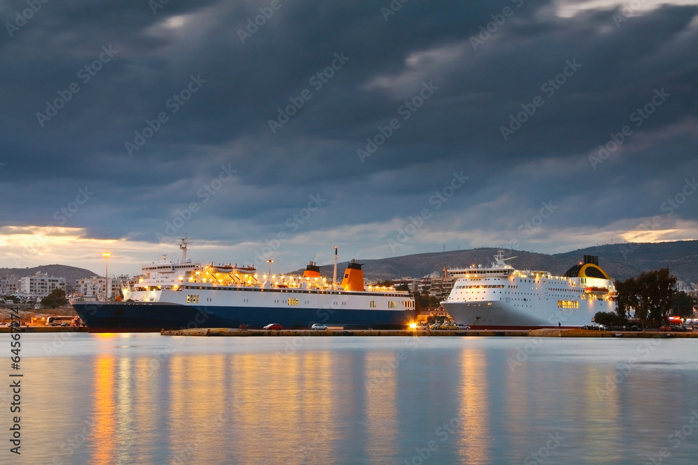 Evening in the passenger port of Piraeus, Athens.