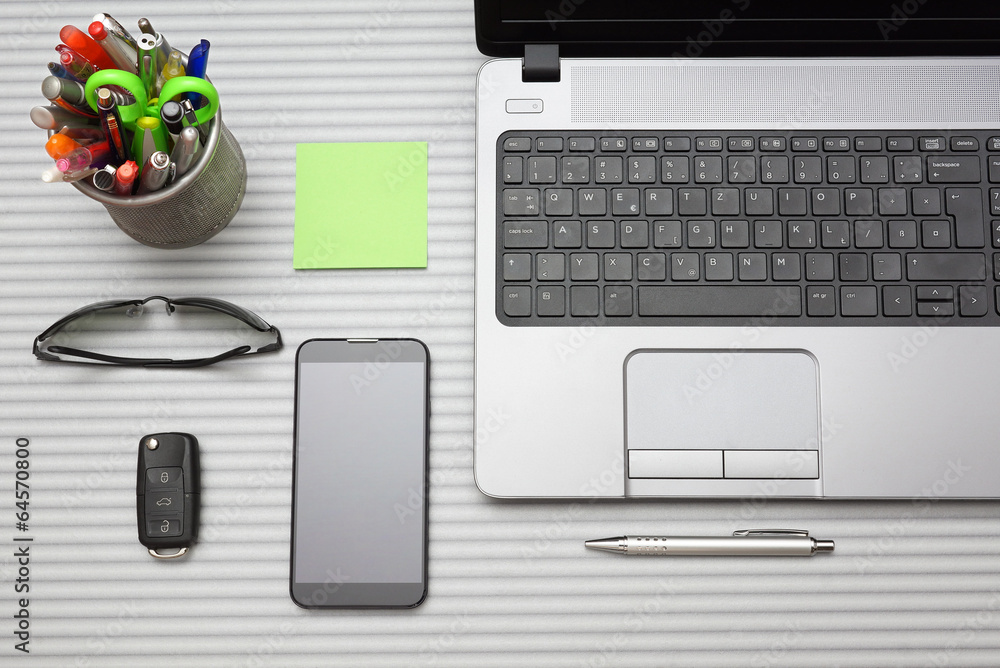 modern office desk with working accessories, top view modern office desk with working accessories, top view
