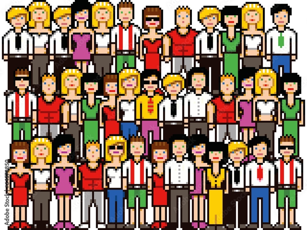 Set of pixel art people crowd vector illustration Set of pixel art people crowd vector illustration