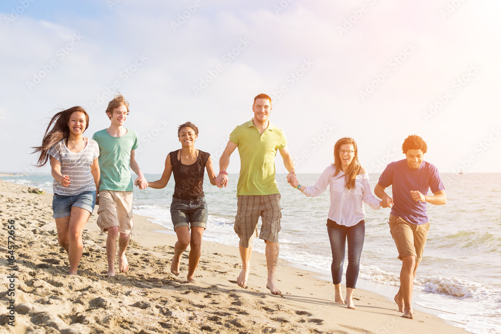 Multiracial Group of Friends Walking at Beach Multiracial Group of Friends Walking at Beach