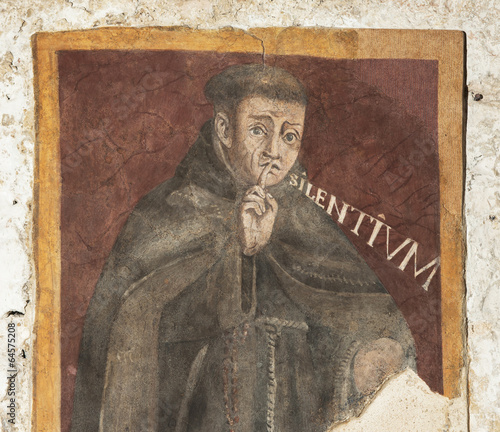 Fresko mit "Silentium" in Heiligtum von Greccio, Rieti, Italien