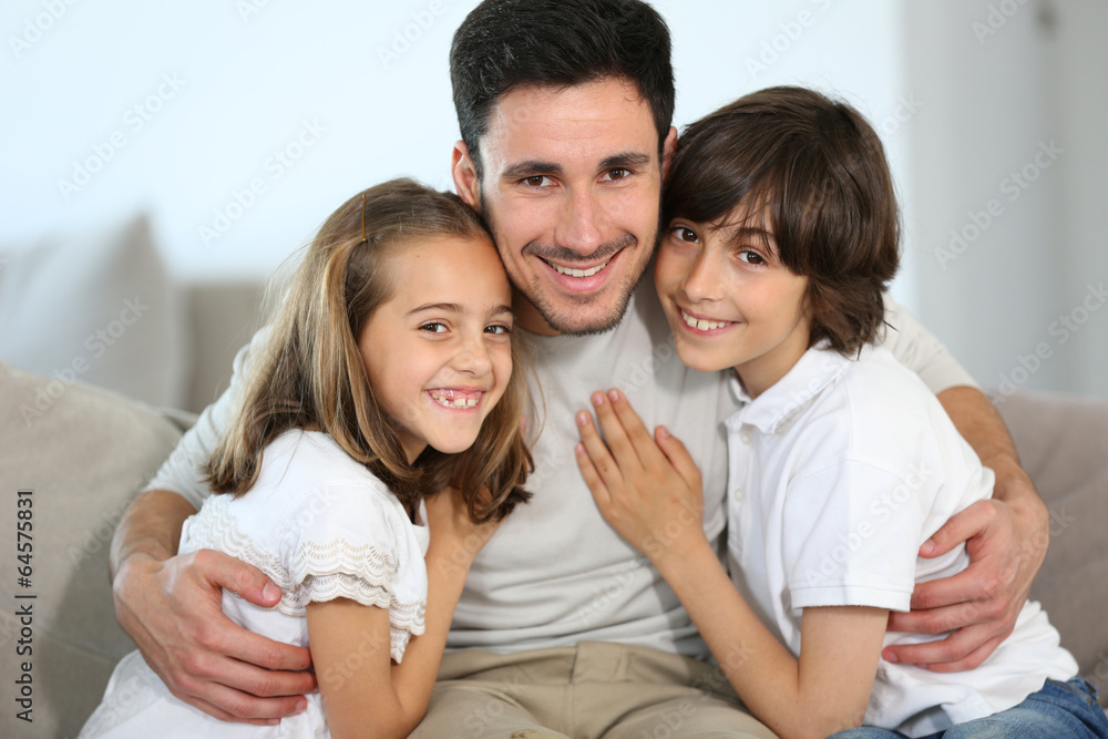 Portrait of single daddy with 2 kids at home Portrait of single daddy with 2 kids at home