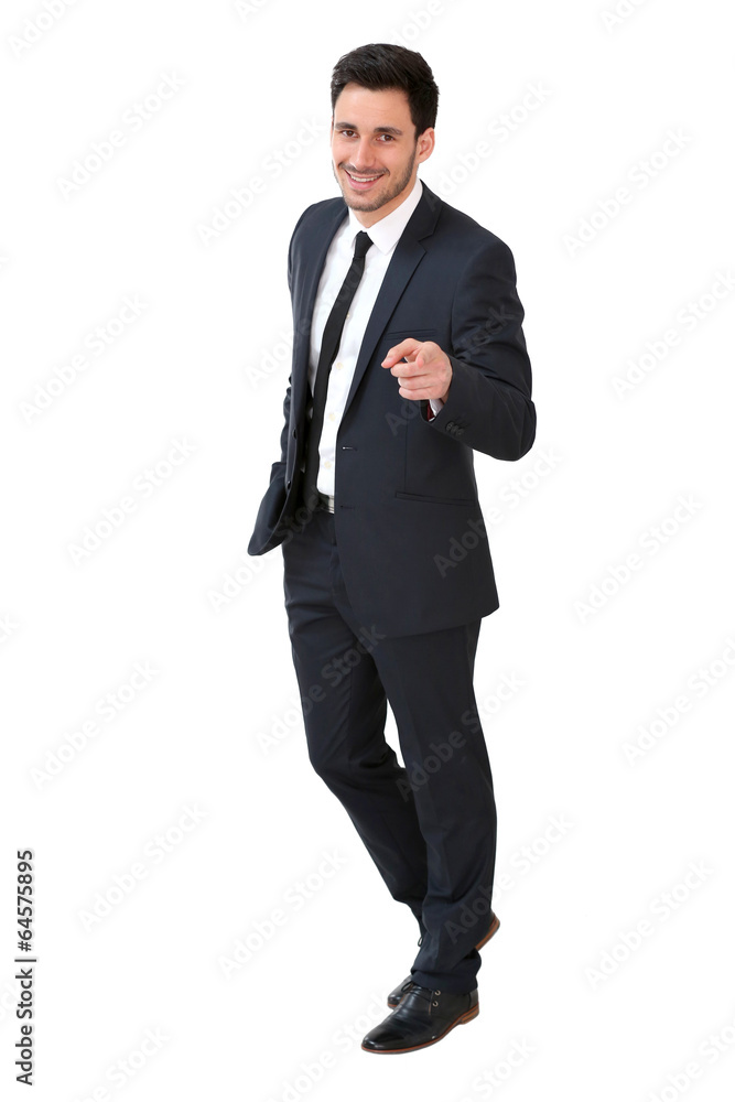 Young businessman in dark suit pointing at camera Young businessman in dark suit pointing at camera