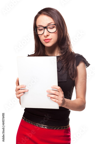 Office girl holding empty paper blank template