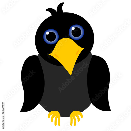 black crow cartoon with blue eyes and yellow beak