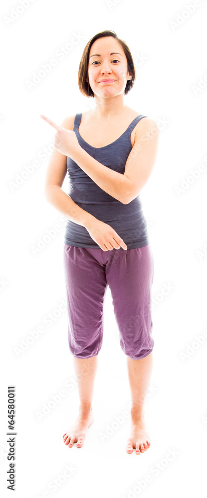 Young woman standing and showing something Young woman standing and showing something
