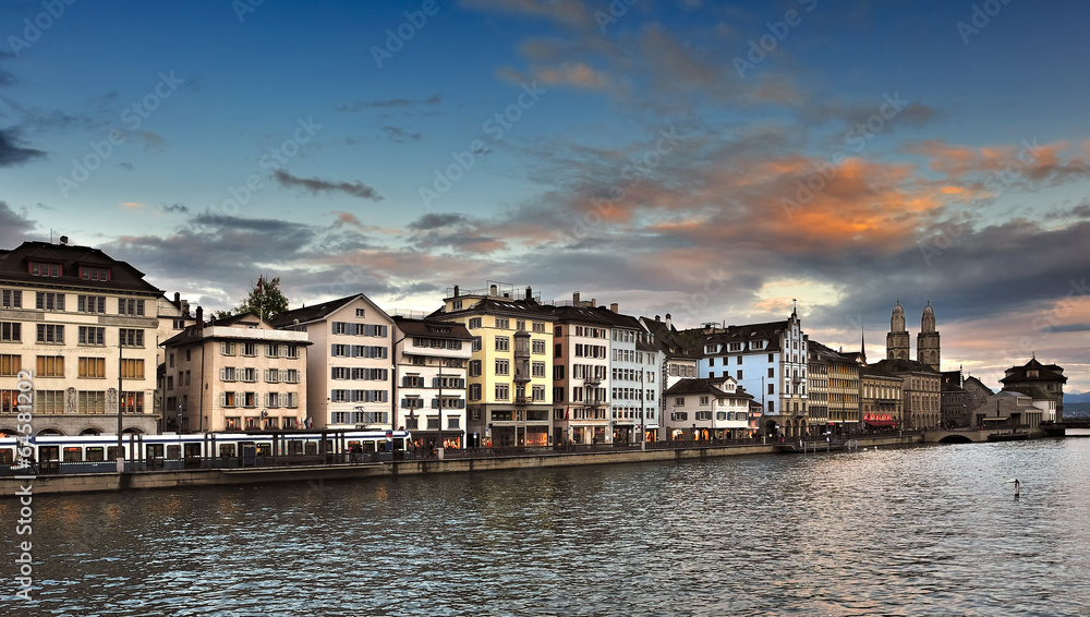 View of Limmat river and Zurich at dusk, Switzerland