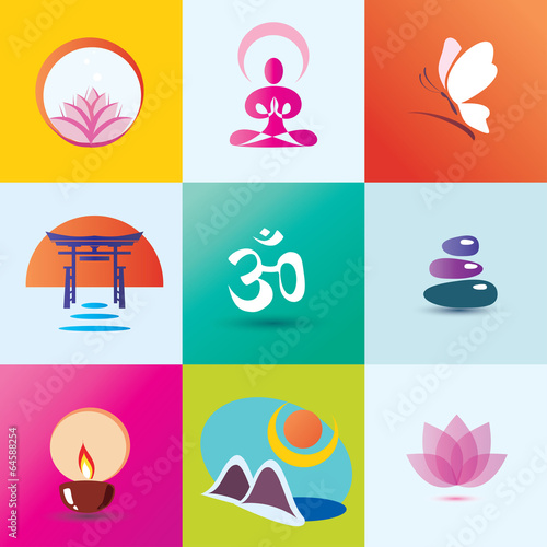 yoga, spa, meditation and oriental concept,  set of icons