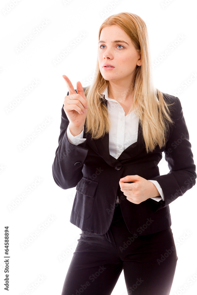 Businesswoman pointing finger isolated on white background Businesswoman pointing finger isolated on white background
