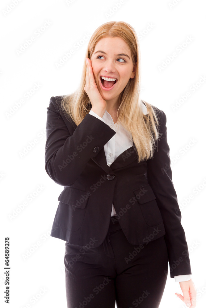 Businesswoman surprised with hand on cheek Businesswoman surprised with hand on cheek