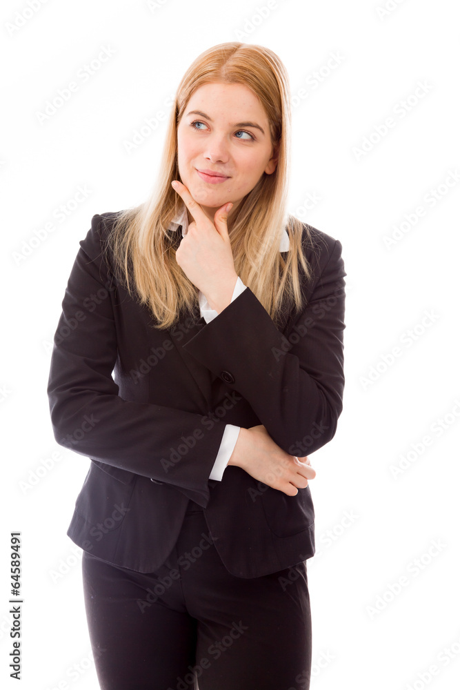 Businesswoman daydreaming with hand on chin Businesswoman daydreaming with hand on chin