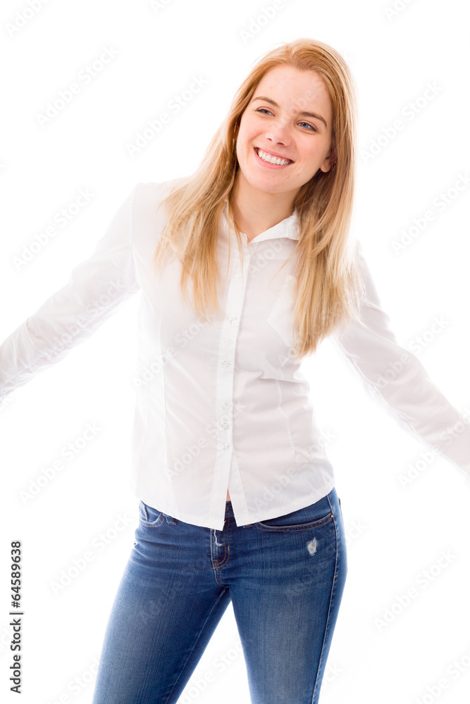 Young woman smiling with arm outstretched Young woman smiling with arm outstretched