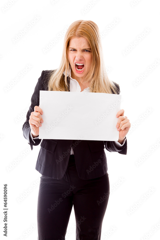Frustrated businesswoman holding a blank placard Frustrated businesswoman holding a blank placard