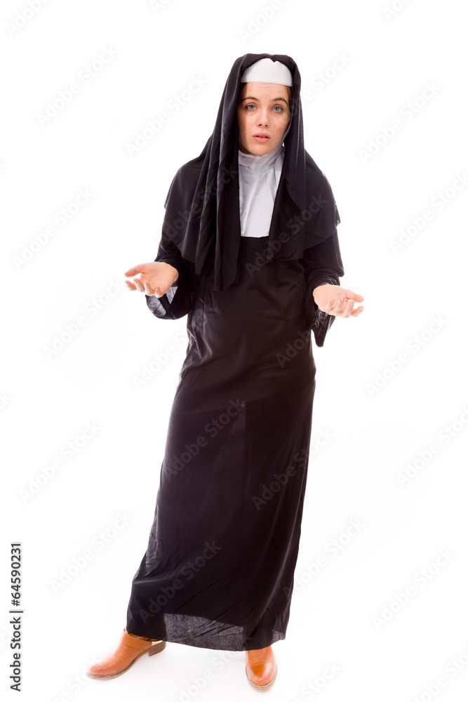 Young nun don't know what to do isolated on white background
