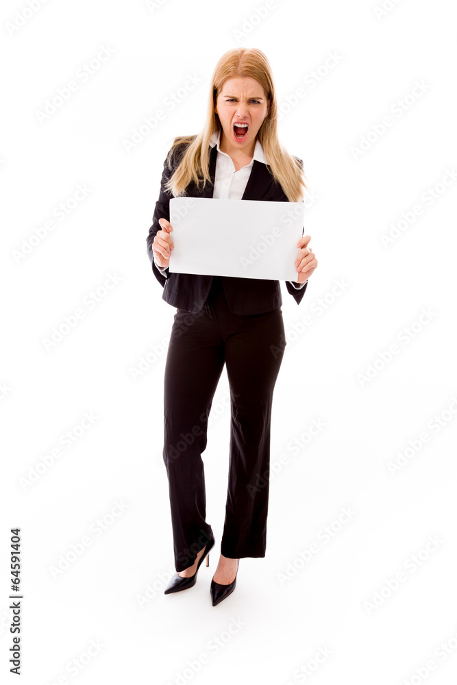 Frustrated businesswoman holding a blank placard Frustrated businesswoman holding a blank placard