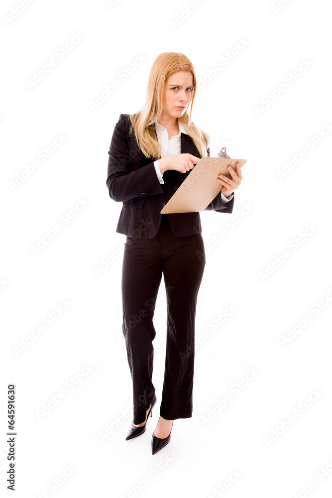 Businesswoman holding a clipboard and staring toward camera Businesswoman holding a clipboard and staring toward camera