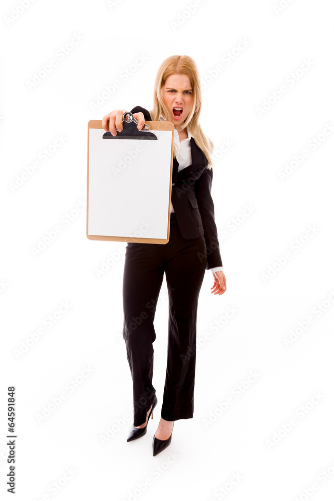 Frustrated businesswoman showing a blank clipboard Frustrated businesswoman showing a blank clipboard