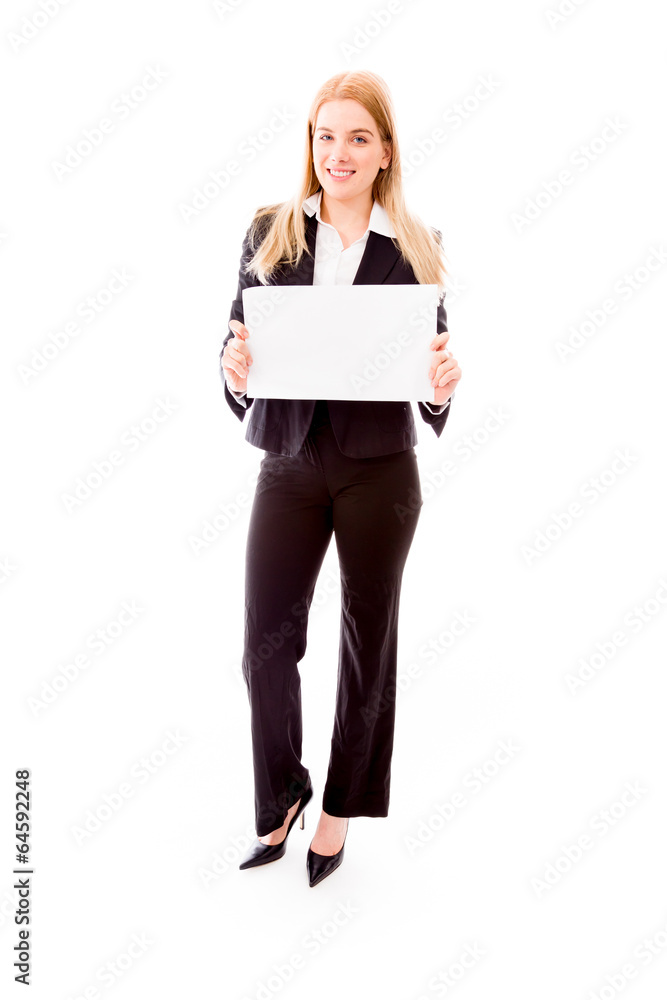 Businesswoman holding a blank placard Businesswoman holding a blank placard