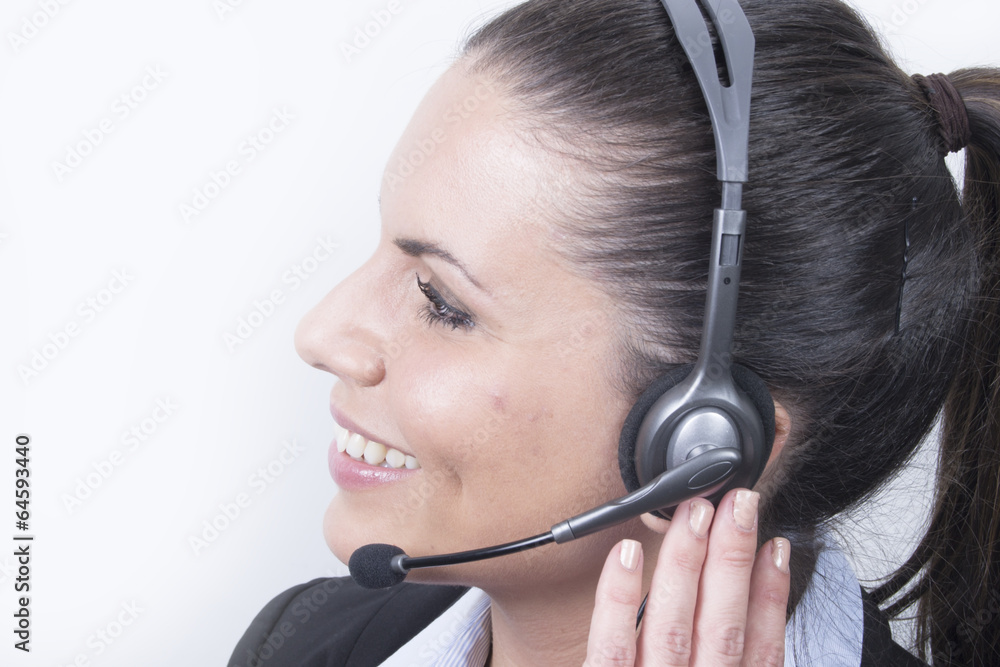 Happy Business woman with headphones (headset, office) Happy Business woman with headphones (headset, office)