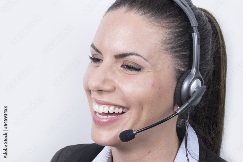 Happy Business woman with headphones (headset, office) Happy Business woman with headphones (headset, office)