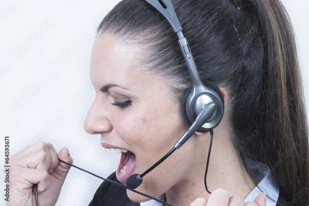 Happy Business woman with headphones (headset, office) Happy Business woman with headphones (headset, office)