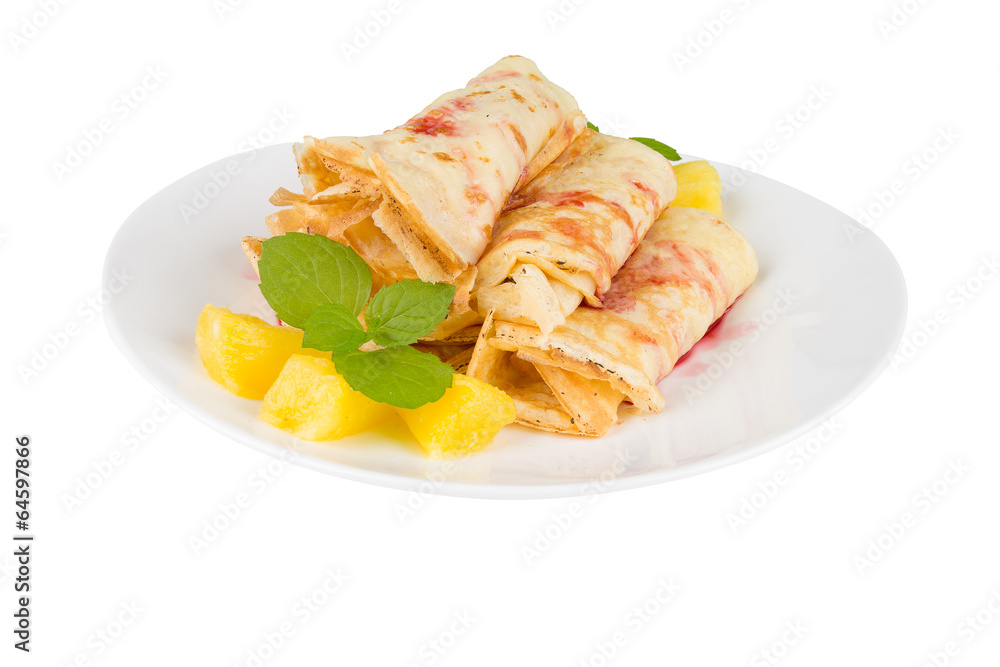 pancakes with cherry jam on a white background pancakes with cherry jam on a white background