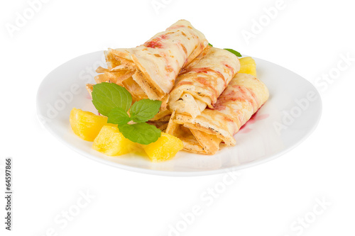 pancakes with cherry jam on a white background