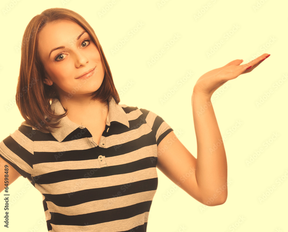 portrait woman happy young showing open hand holding in isolate portrait woman happy young showing open hand holding in isolate