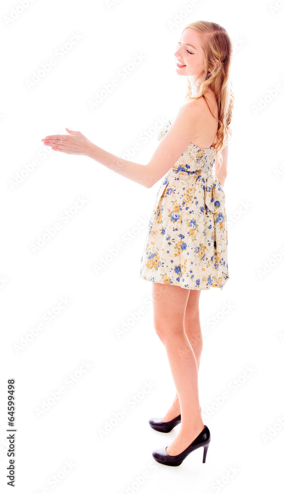 Side profile of a young woman offering hand for handshake Side profile of a young woman offering hand for handshake