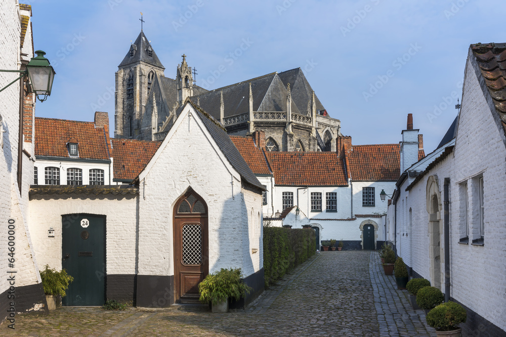 Kortrijk Beguinage and the Notre Dame Church nearby.
