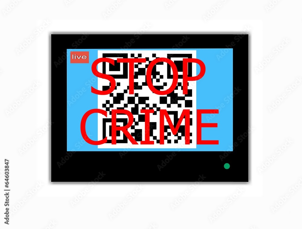 QR CODE and slogan STOP CRIME on television screen QR CODE and slogan STOP CRIME on television screen