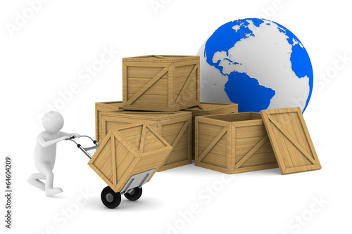 man and wooden box. Isolate...