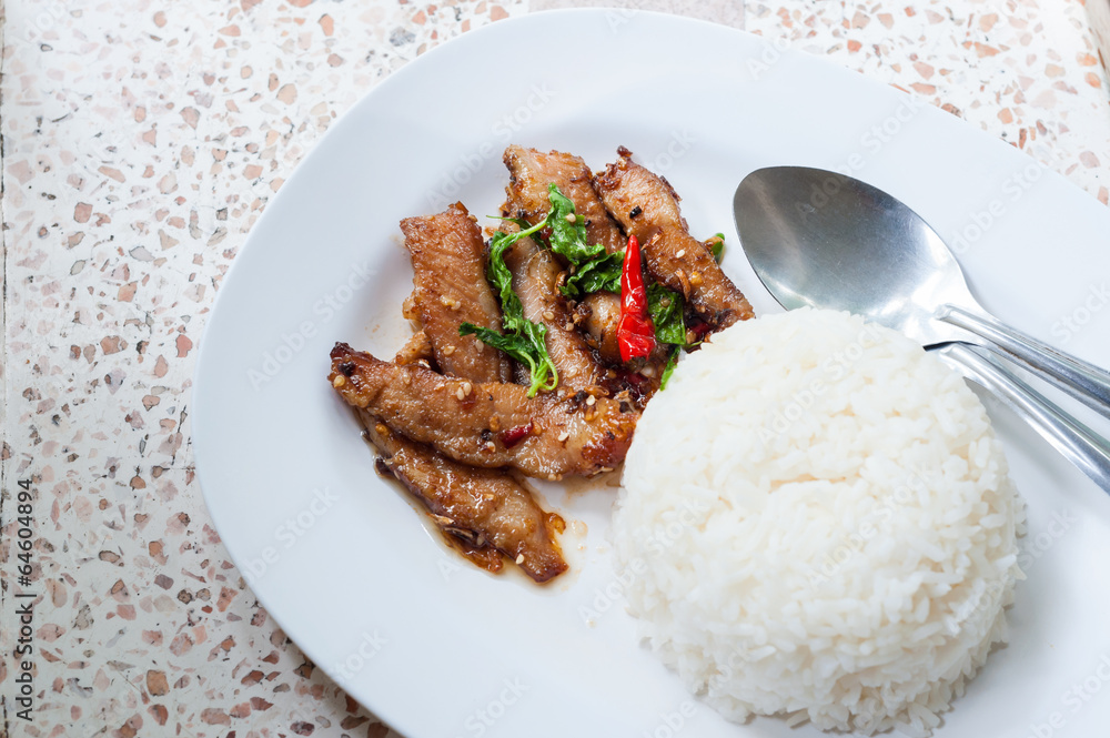 Basil fried rice with pork, Thai food Basil fried rice with pork, Thai food
