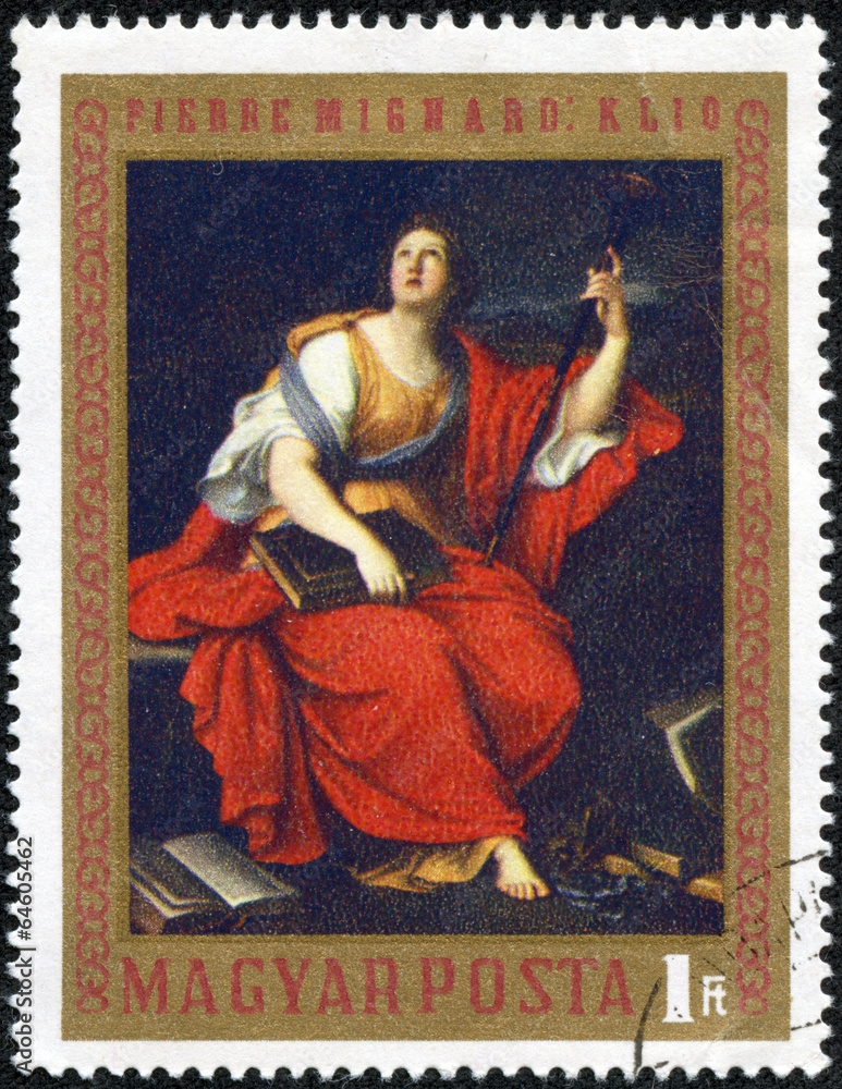 stamp printed by Hungary, shows Clio, by Pierre Mignard