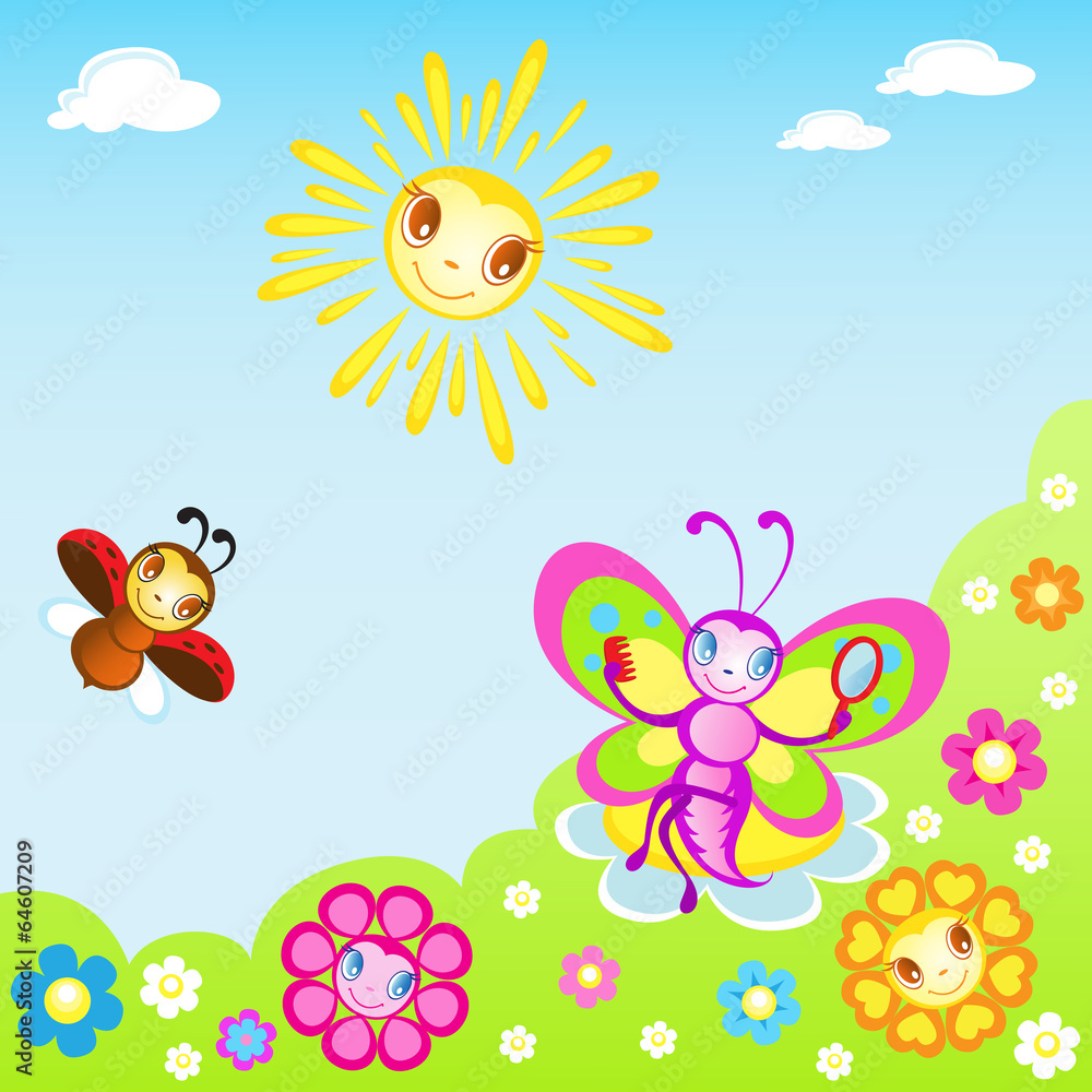 Pretty butterfly and Ladybug play in the Meadow Pretty butterfly and Ladybug play in the Meadow