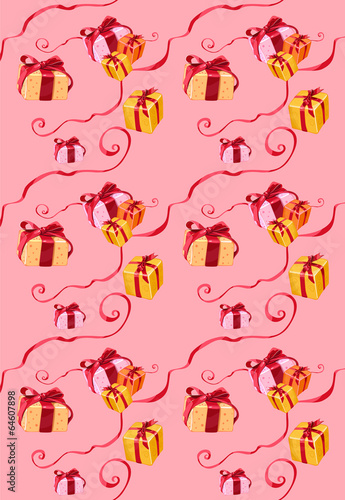 Fototapeta Naklejka Na Ścianę i Meble -  pattern gift box on pink background with bows and ribbons