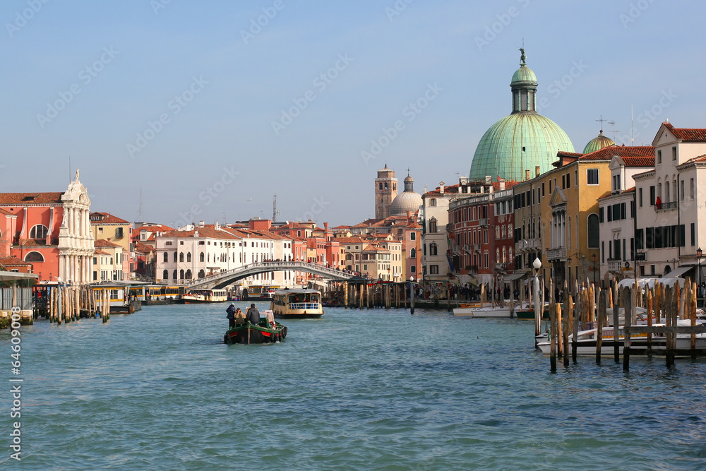 Camera moving above Grand canal in Venice. Near Rialto Bridge.