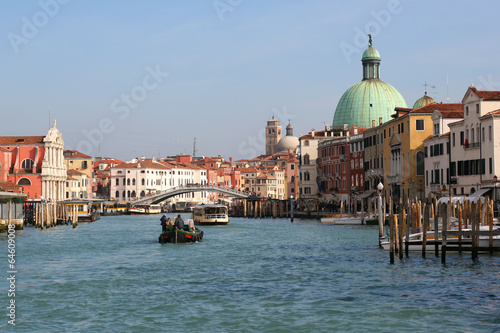 Camera moving above Grand canal in Venice. Near Rialto Bridge.