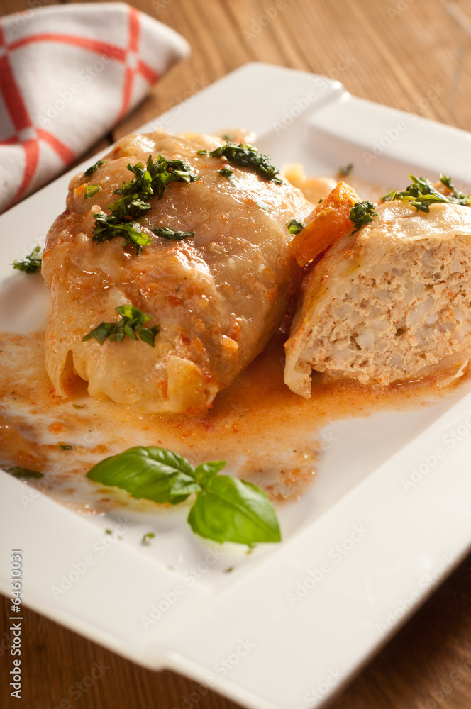 Closeup of stuffed cabbage rolls with tomato souce and herbs