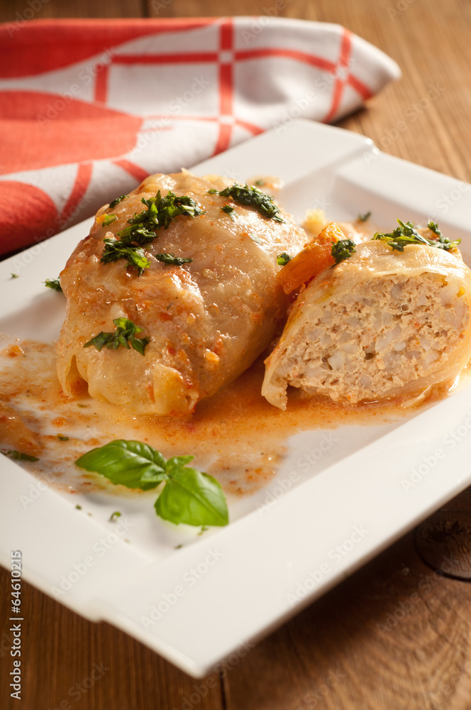 Closeup of stuffed cabbage rolls with tomato souce and herbs