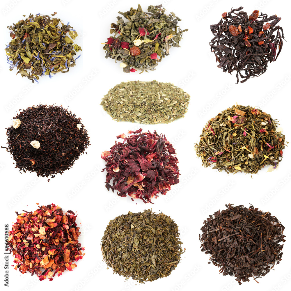 Fototapeta premium Collage of aromatic dry tea isolated on white