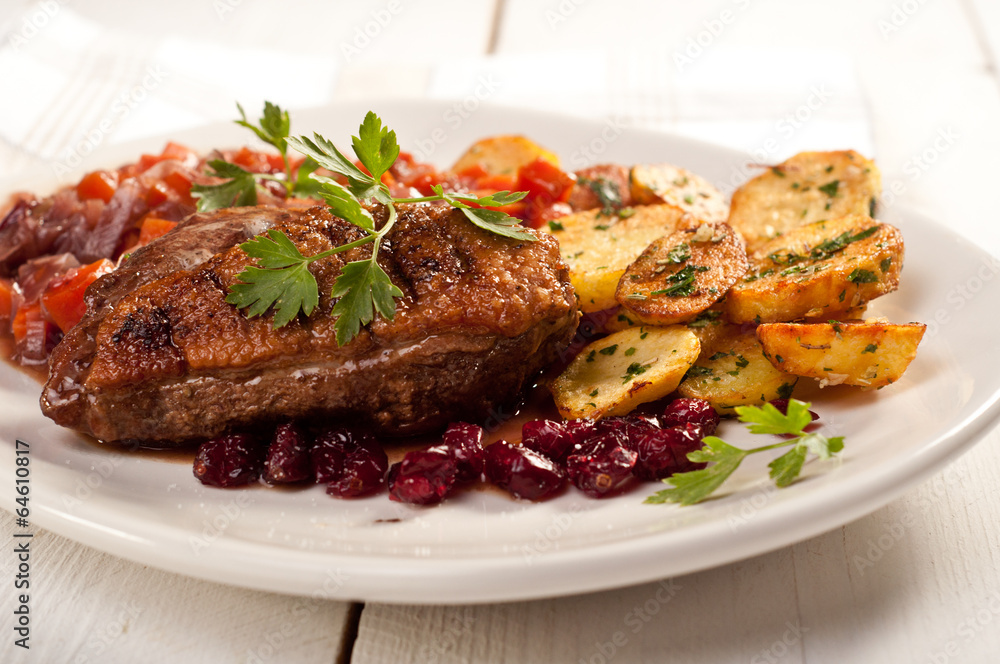 fillet of duck with roasted potatoes, vegetables and cranberry