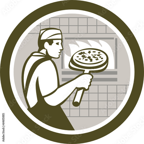 Pizza Maker Holding Peel Side Retro Circle