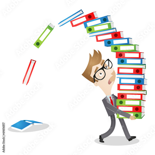 Businessman, carrying binders, paperwork, clumsy