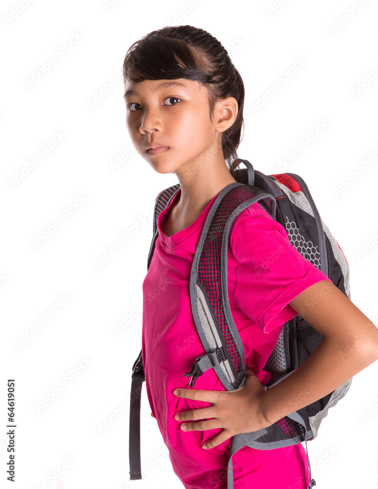 Young Malay Asian girl student with a backpack over white Young Malay Asian girl student with a backpack over white
